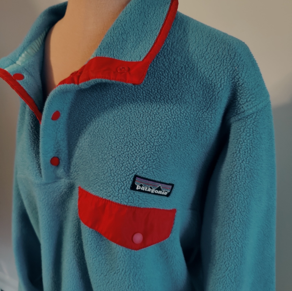 Patagonia Synchilla classic vintage fleece outdoor Popover jacket blue/red  SM